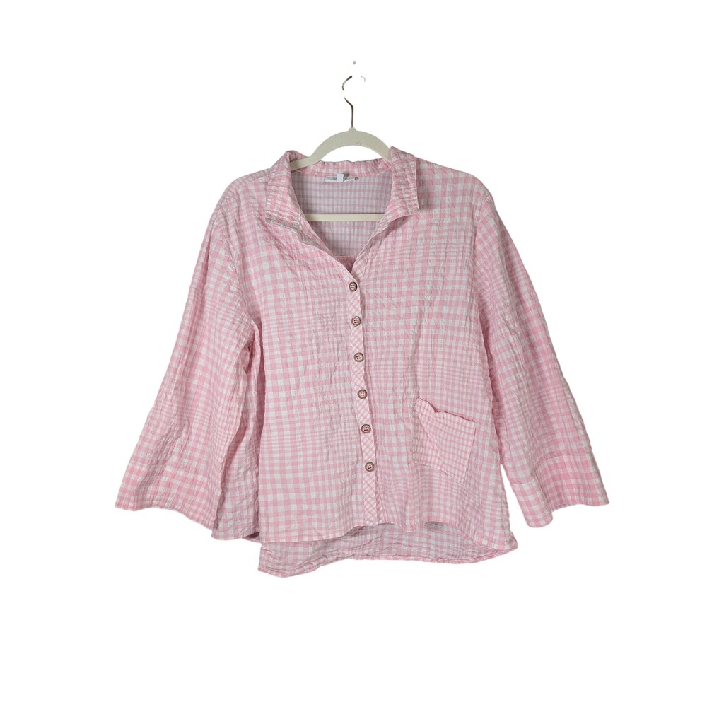 Habitat Top Womens L Pink Gingham Seersucker Cotton Stretch